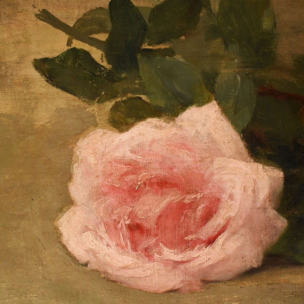 QF782 4a antique floral roses painting flower oil still life XIX